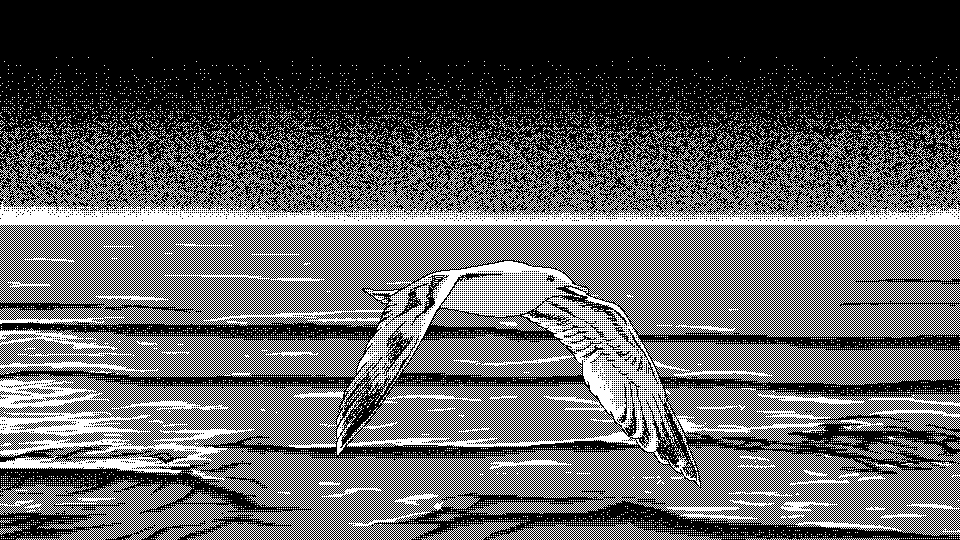greyscale pixelated gif of a gull flying over the sparkling sea